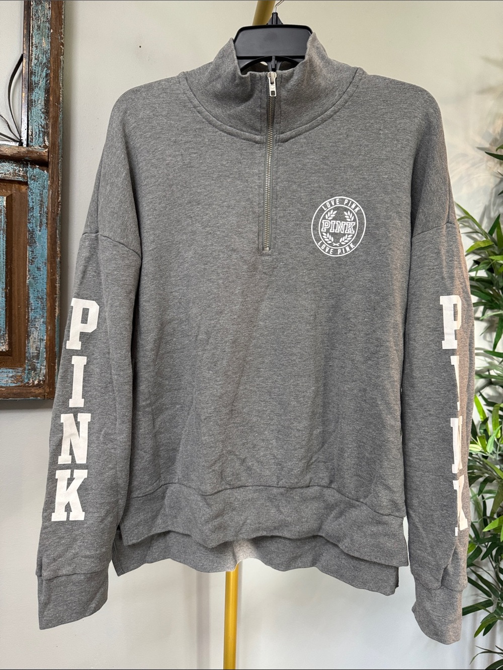 PINK Victoria's Secret Gray Half-Zip Pullover with Sleeve Logo